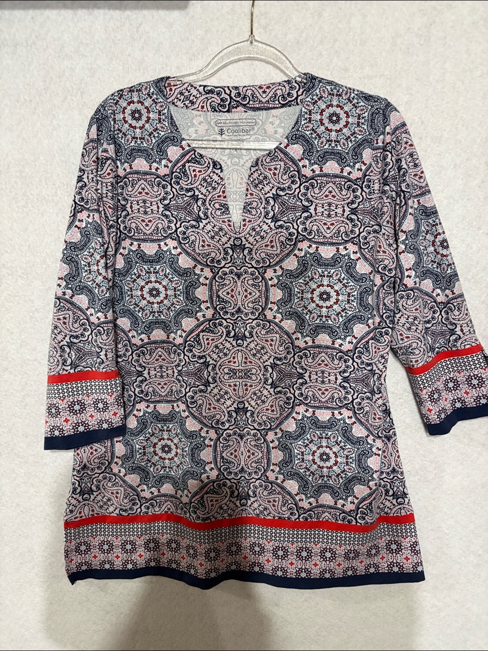 Coolibar Navy and Pink Printed Tunic with Red Accents